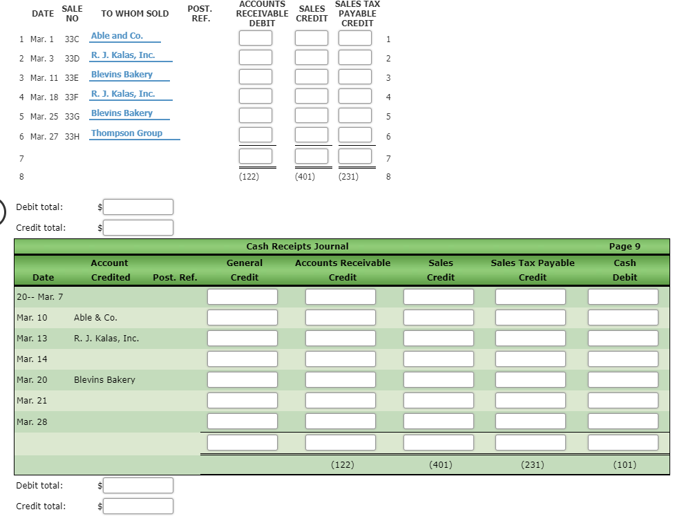 Please ignore filled answers they might be wrong. Sales Journal, Cash Receipts