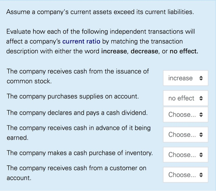  Assume a company's current assets exceed its current liabilities. Evaluate how