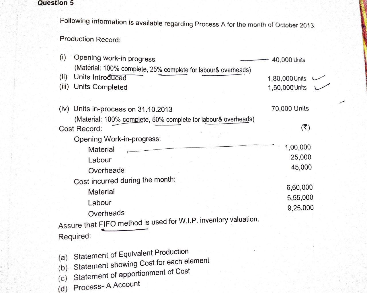 Question 5 Following information is available regarding Process A for the