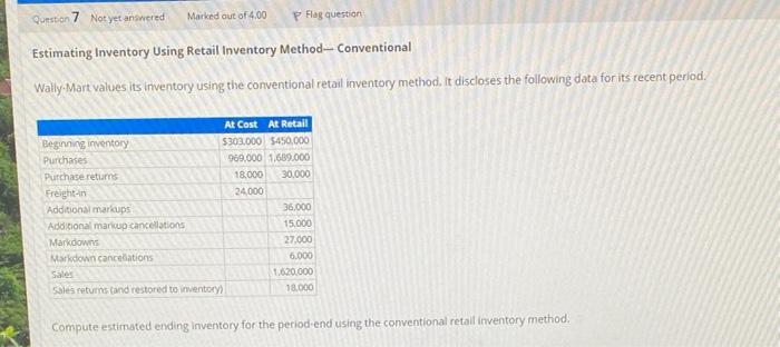  Estimating Inventory Using Retail Inventory Method- Conventional Wally-Mart values its inventory