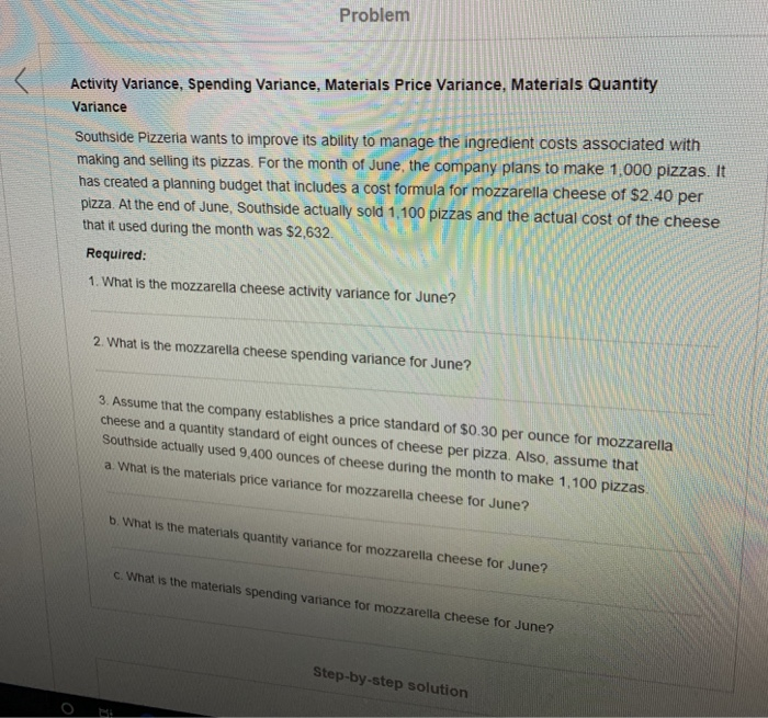  Problem Activity Variance, Spending Variance, Materials Price Variance, Materials Quantity Variance