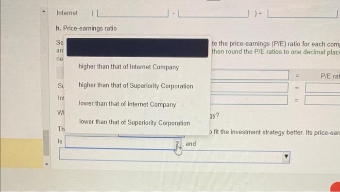 common stock h. Price-earnings ratio Select the formula and then enter the