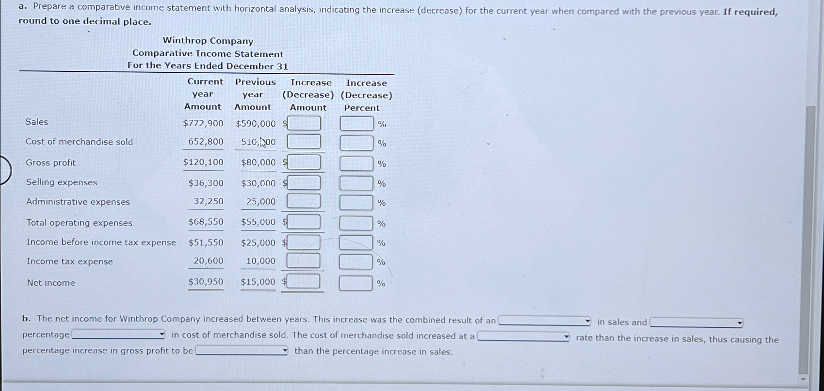  a. Prepare a comparative income statement with horizontal analysis, indicating the