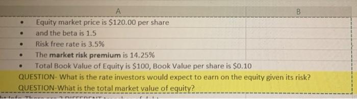Please answer using excel . . . B Equity market price is