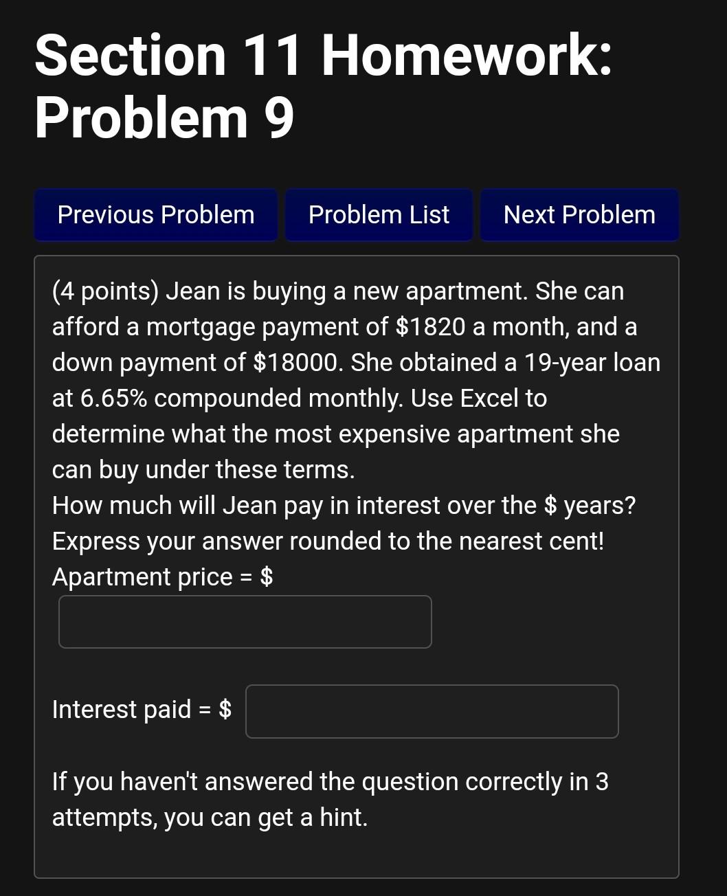 Old MathJax webview Section 11 Homework: Problem 9 Previous Problem Problem List