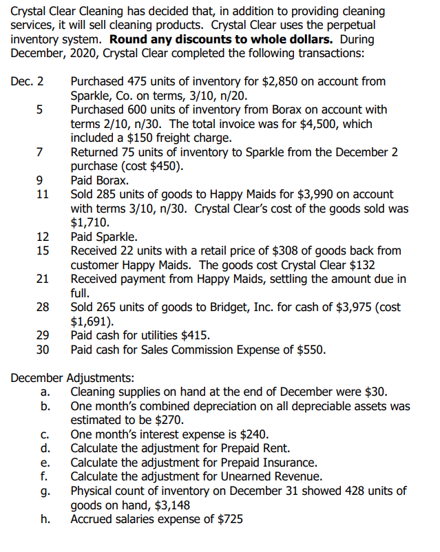 transactional data for the first month of operations for Crystal Clear Cleaning.