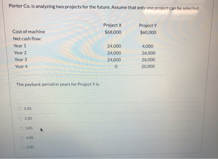  Porter Co. is analyzing two projects for the future. Assume that