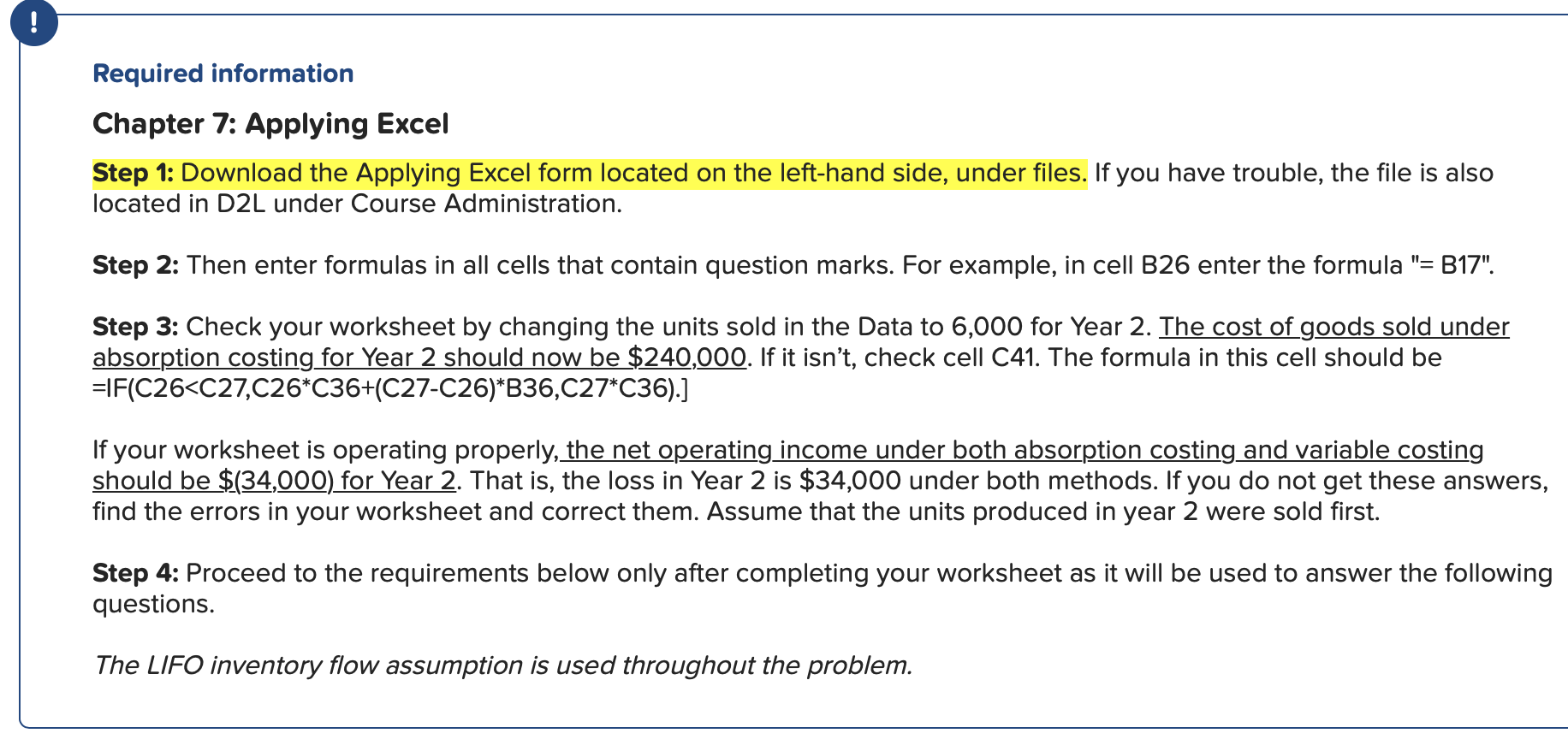  Required information Chapter 7: Applying Excel Step 1: Download the Applying