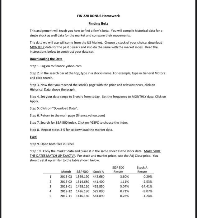  Please I need this bonus FIN 220 BONUS Homework Finding Beta