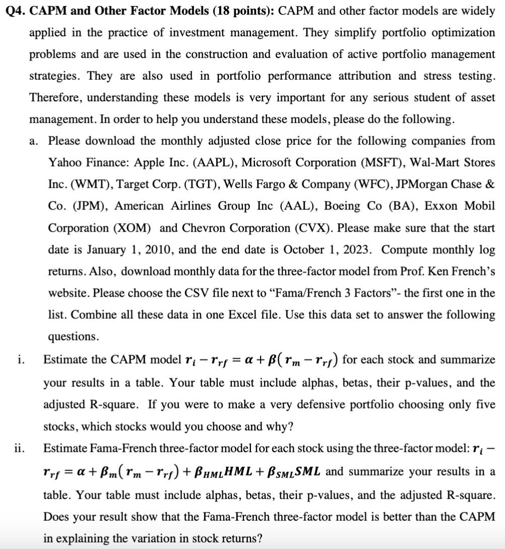  4. CAPM and Other Factor Models (18 points): CAPM and other