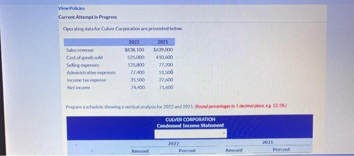  View Policies Current Attempt in Progress Operating data for Culver Corporation