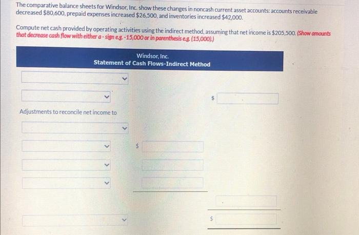  The comparative balance sheets for Windsor, Inc. show these changes in