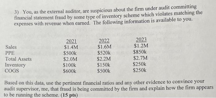 Please Help! Thank you! 3) You, as the external auditor, are suspicious