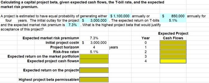 in excel formula bar. Calculating a capital project beta, given expected cash