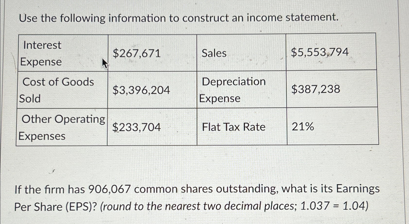 Use the following information to construct an income statement. \table[[\table[[Interest],[Expense]],$267,671,Sales,$5,553,794 