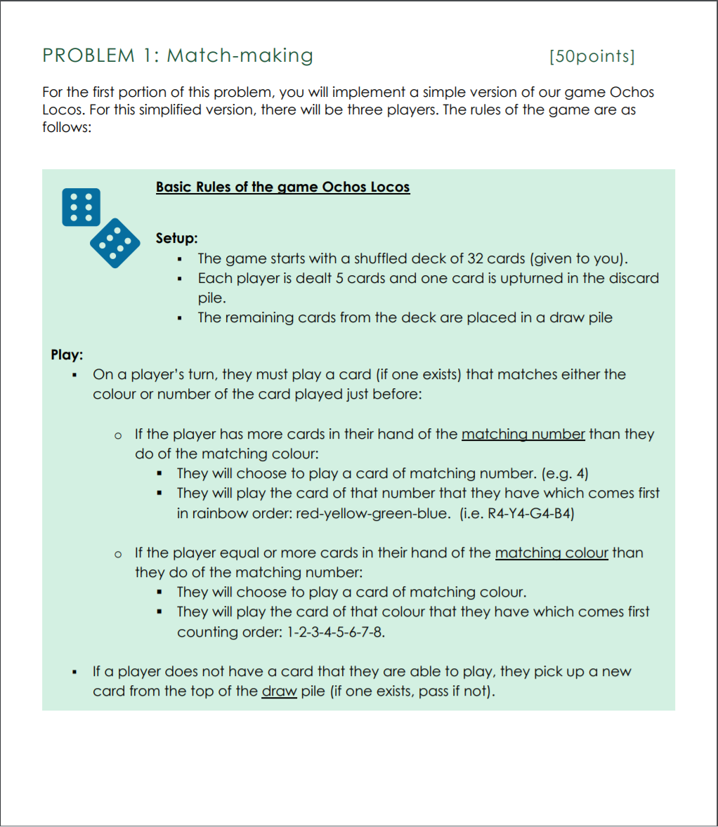 This is a java assignment. PROBLEM 1: Match-making [50points] For the first
