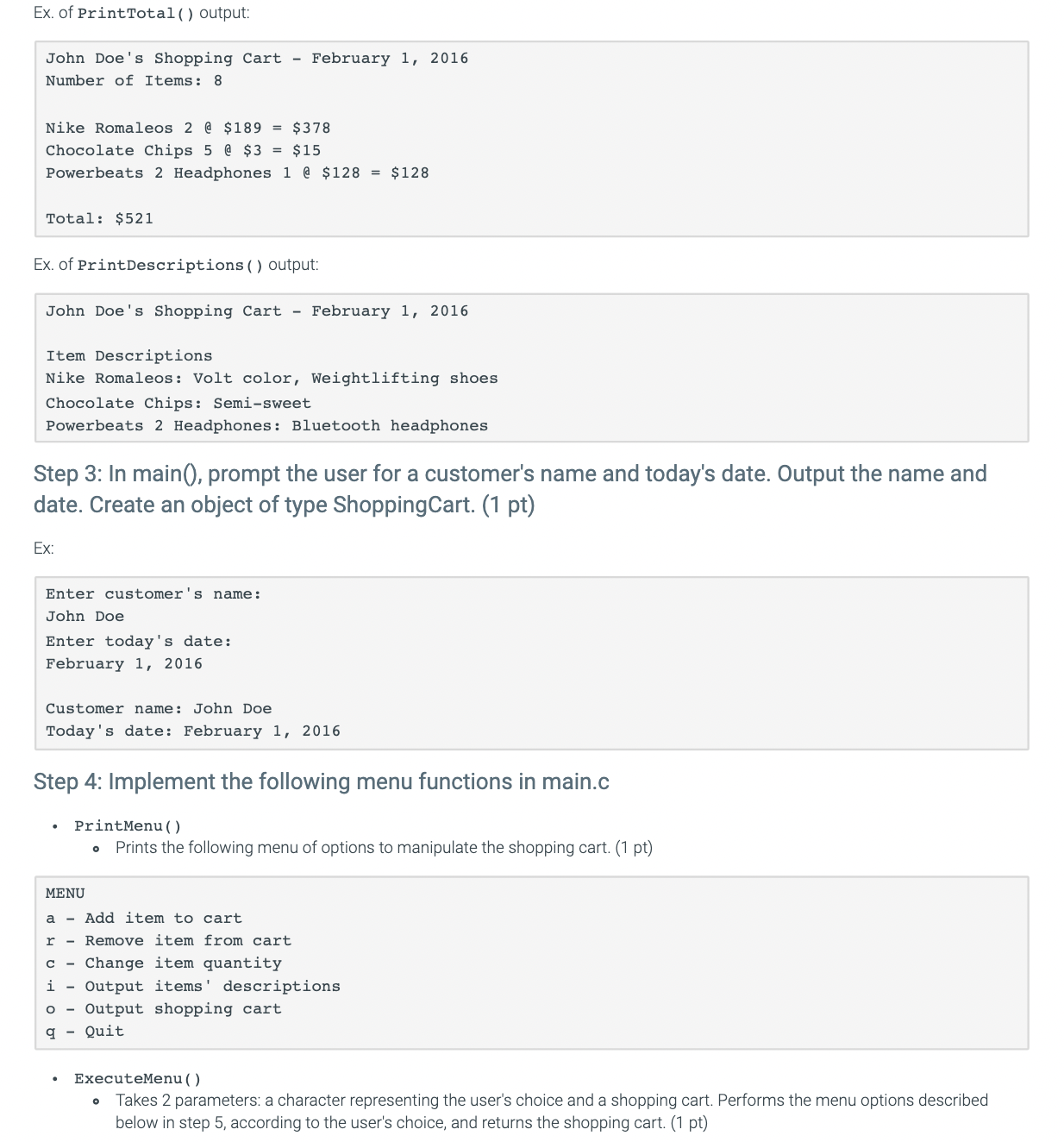  Program: Online shopping cart (Part 2)5 files (main.c, ShoppingCart.c, ShoppingCart.h, ItemToPurchase.c,