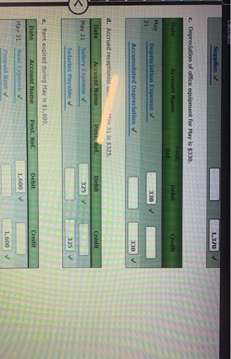 Supplies Prepaid Rent Prepaid Insurance Office Equipment Accum. Depredation Accounts Payable Salarles