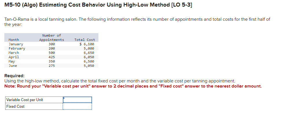  M5-10 (Algo) Estimating Cost Behavior Using High-Low Method [LO 5-3] Tan-O-Rama