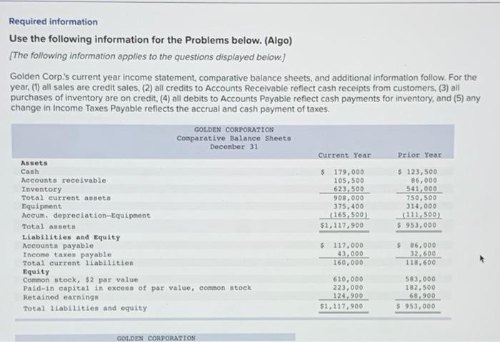  Required information Use the following information for the Problems below. (Algo)