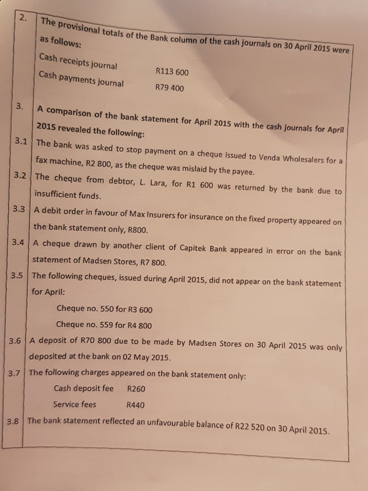 extracted from the accounting records of Madsen Stores. REQUIRED Complete the Cash