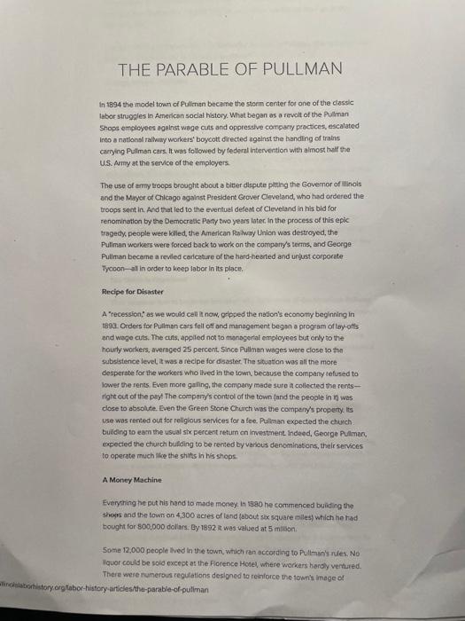pullman case plus question THE PARABLE OF PULLMAN In 1894 the model