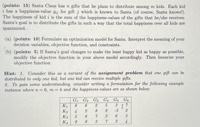  operations research assignment problem (points: 15) Santa Claus has n gifts