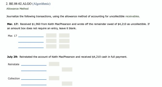 8-1-2 2. BE.08-02.ALGO (Algorithmic) Allowance Method Journalize the following transactions, using
