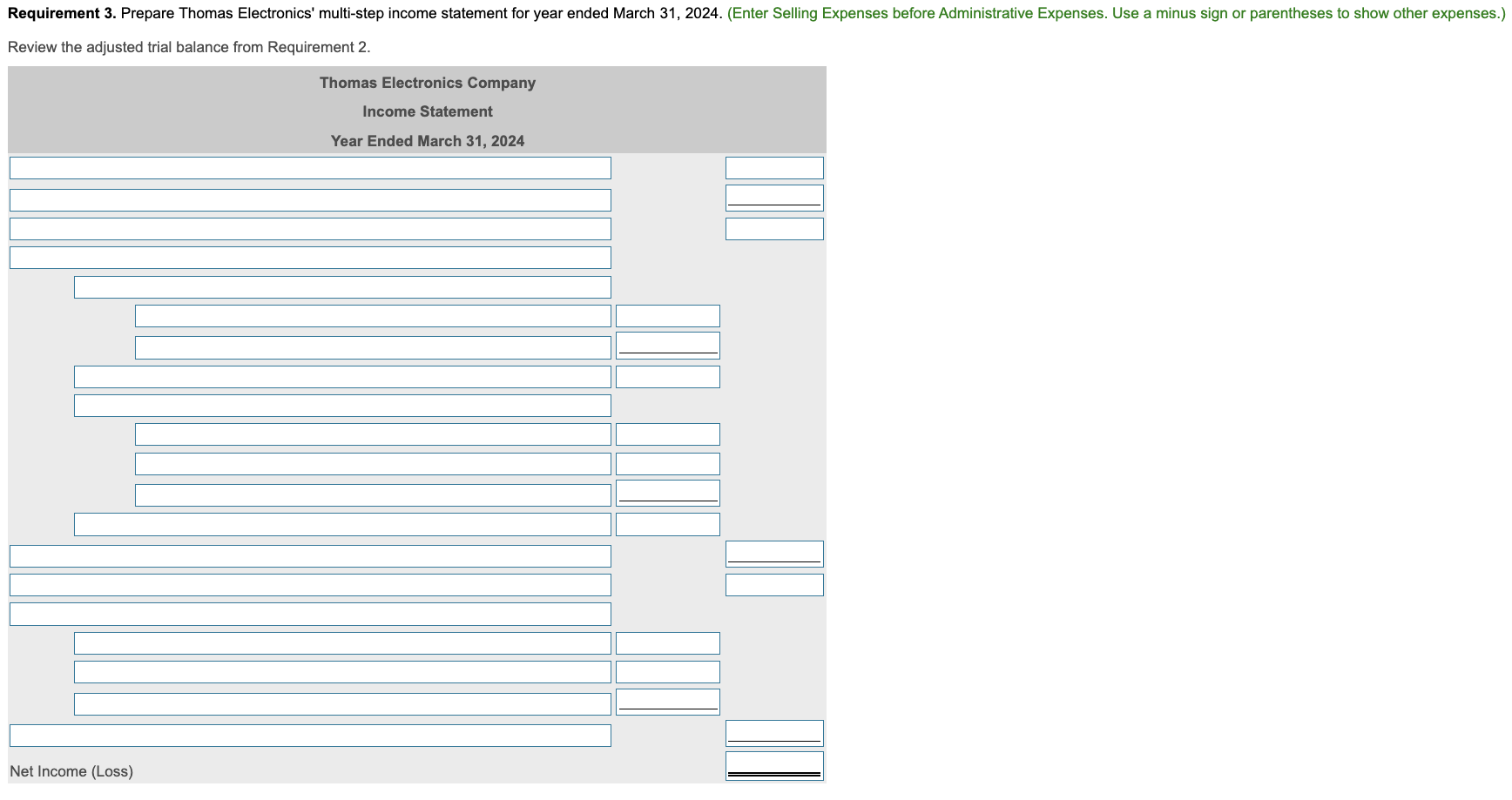 2. Thomas Electronics Company Income Statement Year Ended March 31, 2024 Net