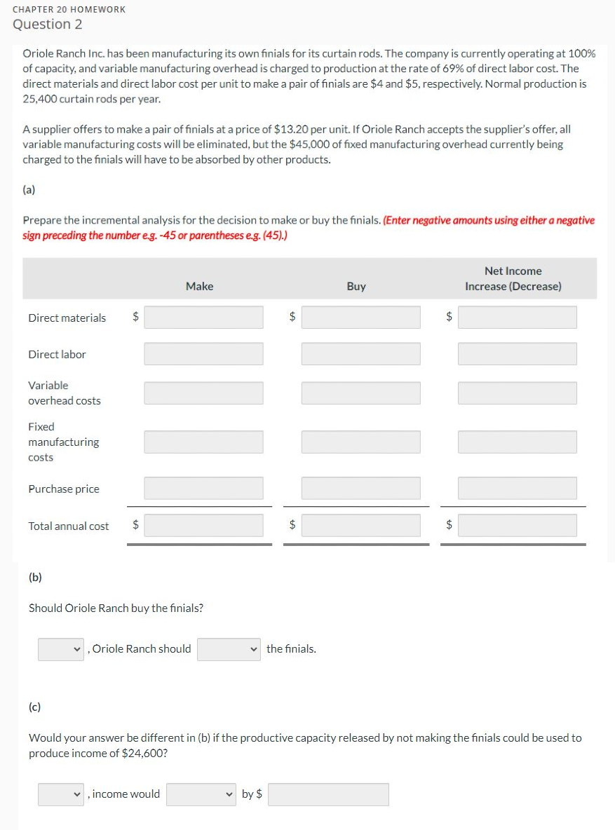  CHAPTER 20 HOMEWORK Question 2 Oriole Ranch Inc. has been manufacturing
