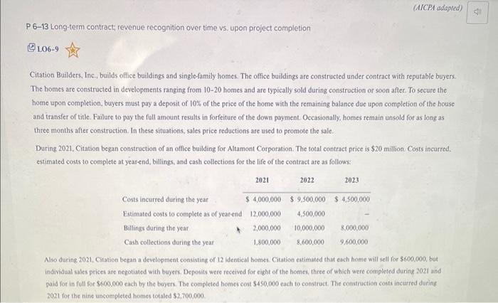  P 6-13 Long-term contract; revenue recognition over time vs, upon project