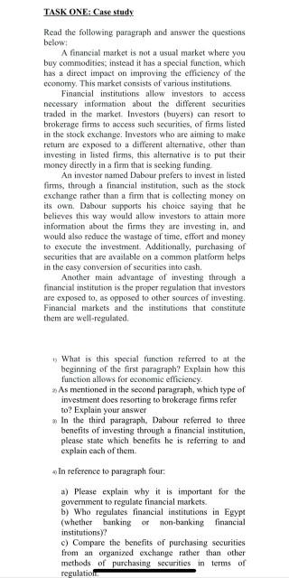 TASK ONE: Case study Read the following paragraph and answer the