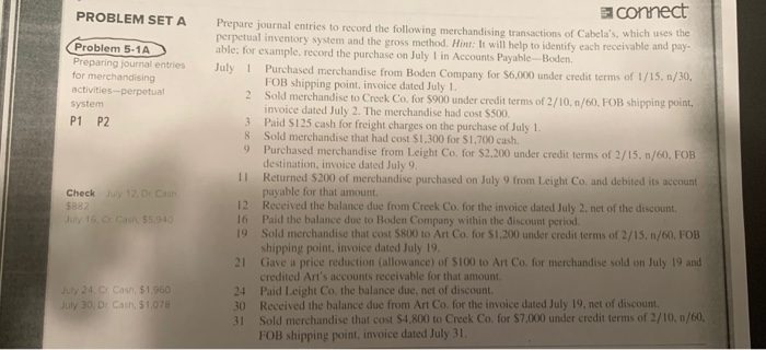  PROBLEM SETA Problem 5-1A Preparing journal entries for merchandising activities--perpetual System