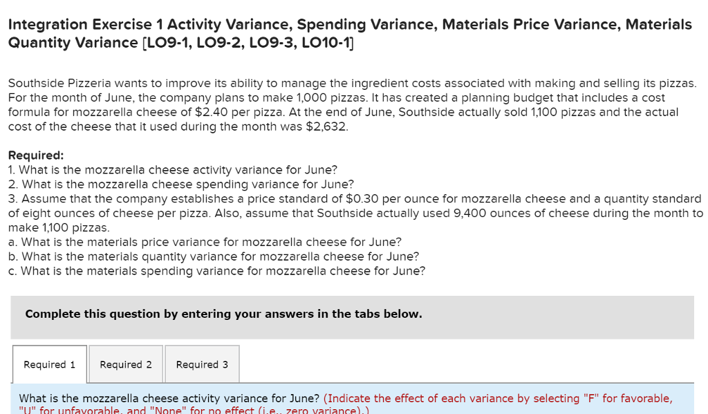  Integration Exercise 1 Activity Variance, Spending Variance, Materials Price Variance, Materials