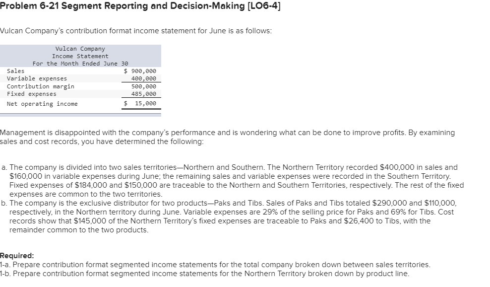 Problem 6-21 Segment Reporting and Decision-Making [LO6-4] Vulcan Companys contribution format income