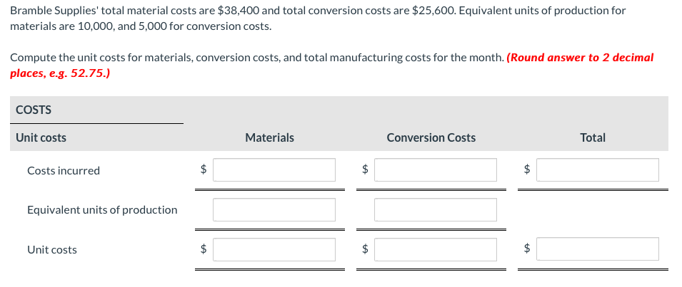  Bramble Supplies' total material costs are $38,400 and total conversion costs