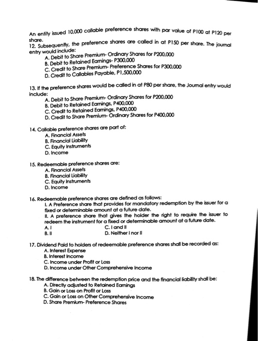  Answer with solution and explanation callable preference shares with par value