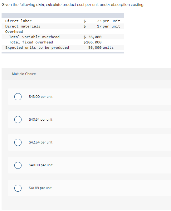  Given the following data, calculate product cost per unit under absorption