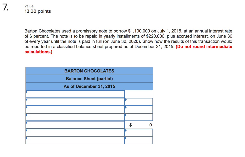value: 12.00 points Barton Chocolates used a promissory note to borrow