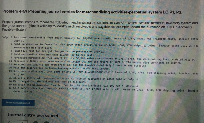  Problem 4-1A Preparing journal entries for merchandising activities-perpetual system LO P1,