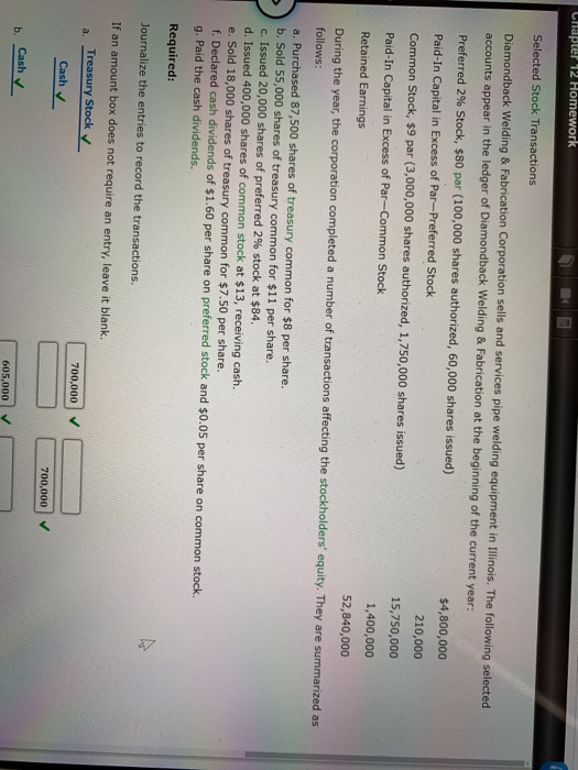  CHapter 12 Homework Selected Stock Transactions Diamondback Welding & Fabrication Corporation