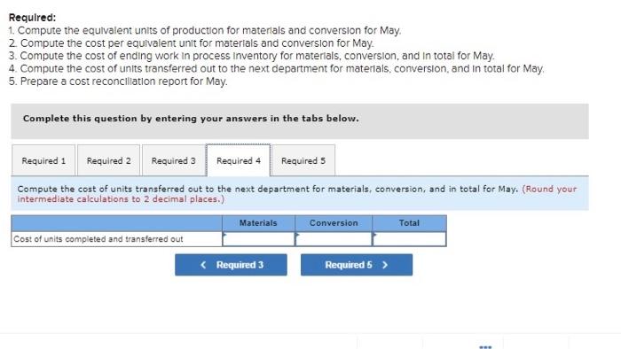 total for May. 4. Compute the cost of units transferred out to