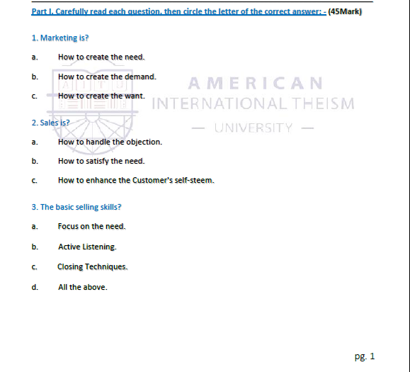  Part l. Carefully read each question, then circle the letter of