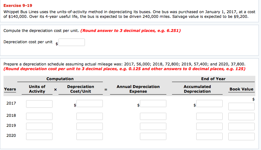  Exercise 9-19 Whippet Bus Lines uses the units-of-activity method in depreciating