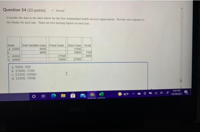  Question 54 (10 points) Saved Consider the data in the table