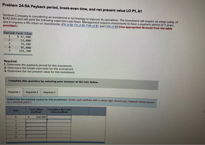  Problem 24-5A Payback period, break-even time, and net present value LO