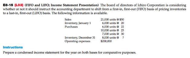 Please show how to get each number. Will rate. E8-15 (LO3) (FIFO