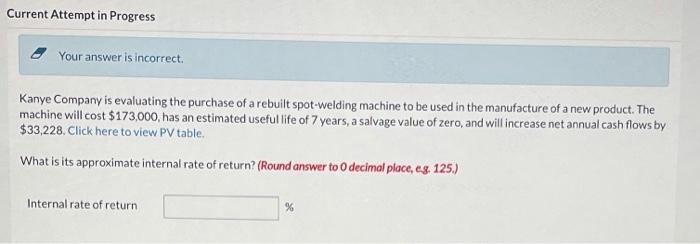  Current Attempt in Progress Your answer is incorrect. Kanye Company is