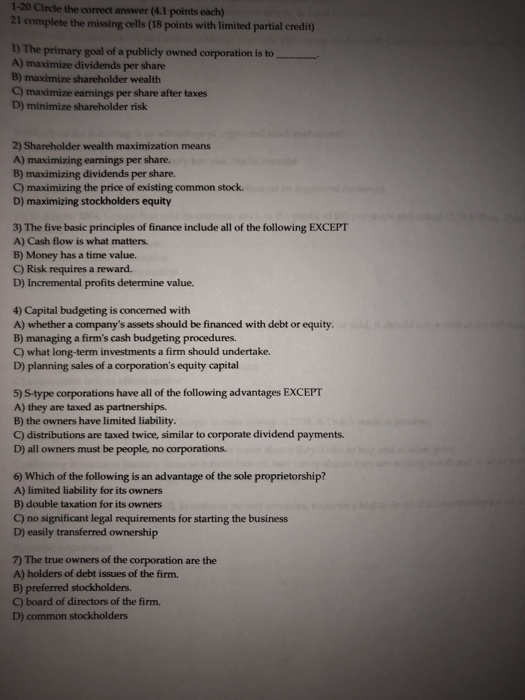  1-20 Circle the correct answer (4.1 points each) 21 complete the
