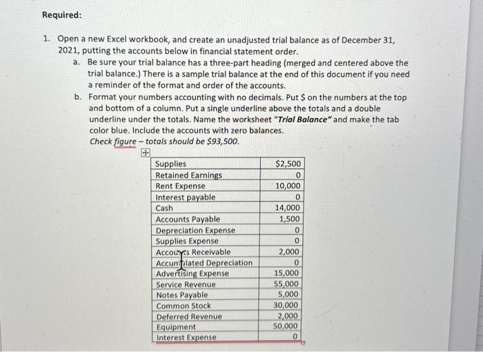  1. Open a new Excel workbook, and create an unadjusted trial